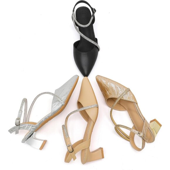 Dadawen Women's Champagne Closed Pointed Toe Low Chunky Heels Pumps Ankle Strap - Picture 2 of 7